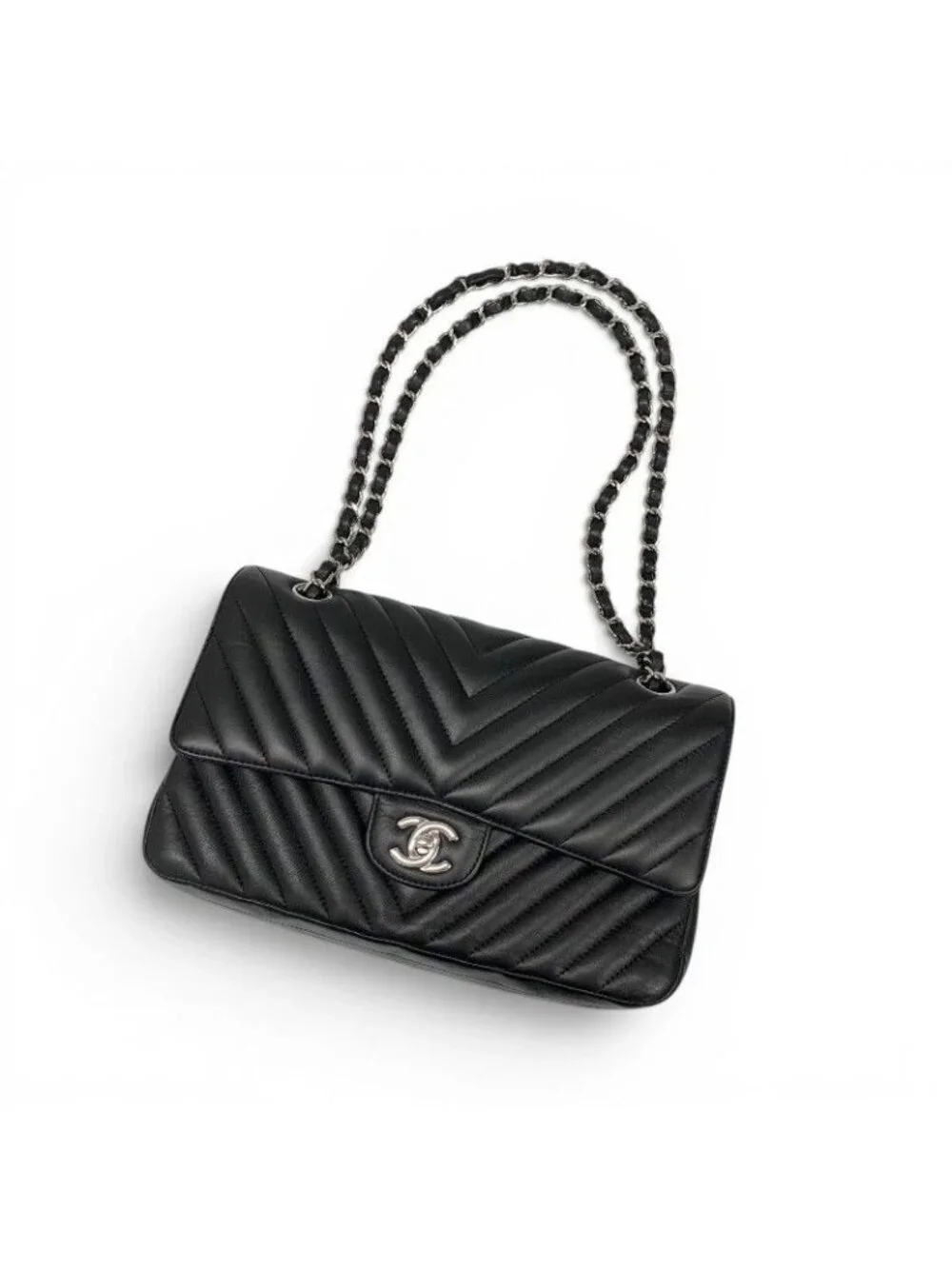 Chanel Shoulder Bag Black Silver Blanc CC Logo Stitch Double Chain Flap Turnlock